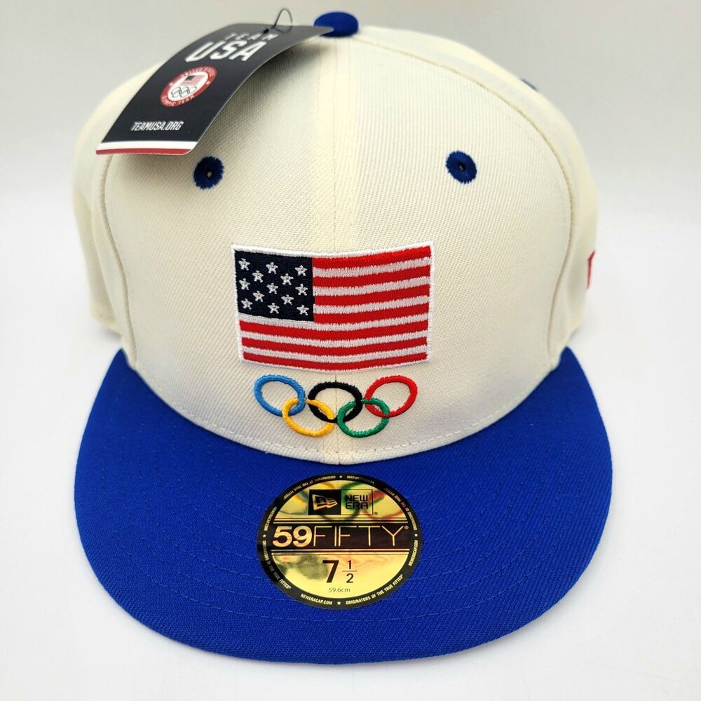 New Era Team USA Olympics 59Fifty 5950 Patch Fitted Cap Hat 7 1/2 Beige Blue Red